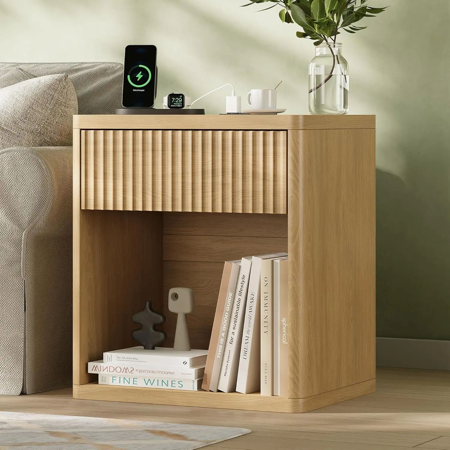 

Fluted Nightstand with Charging Station, 21.7" Wide Modern Bedside Table with 1 Drawers Open Storage Cabinet,, Customized