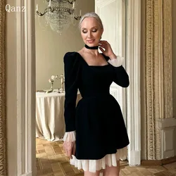 Qanz Vintage Short Prom Dresses black Velour Long Sleeves Party Dresses Vestidos De Graduación Evening Gown 2024 Customized