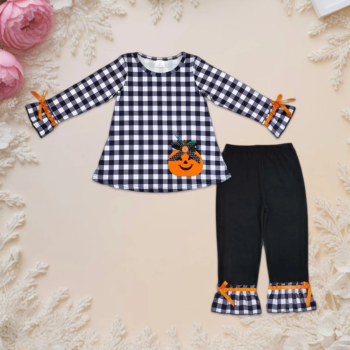 Baby Girl Halloween Plaid Outfit Set Ghost Pumpkin Long Sleeves Tops with Bell Pants Design Wholesale Toddler Children Clothes