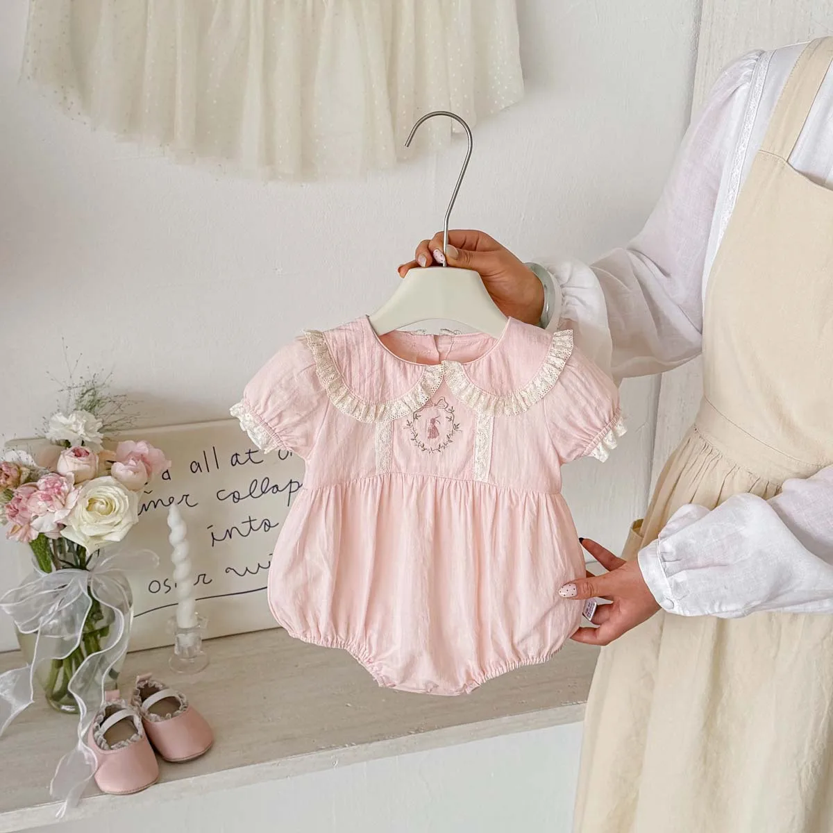 

Sweet Lace and Lace Doll Collar for Girls, Summer New Baby Jumpsuit, Short Sleeved Pure Cotton Clothes
