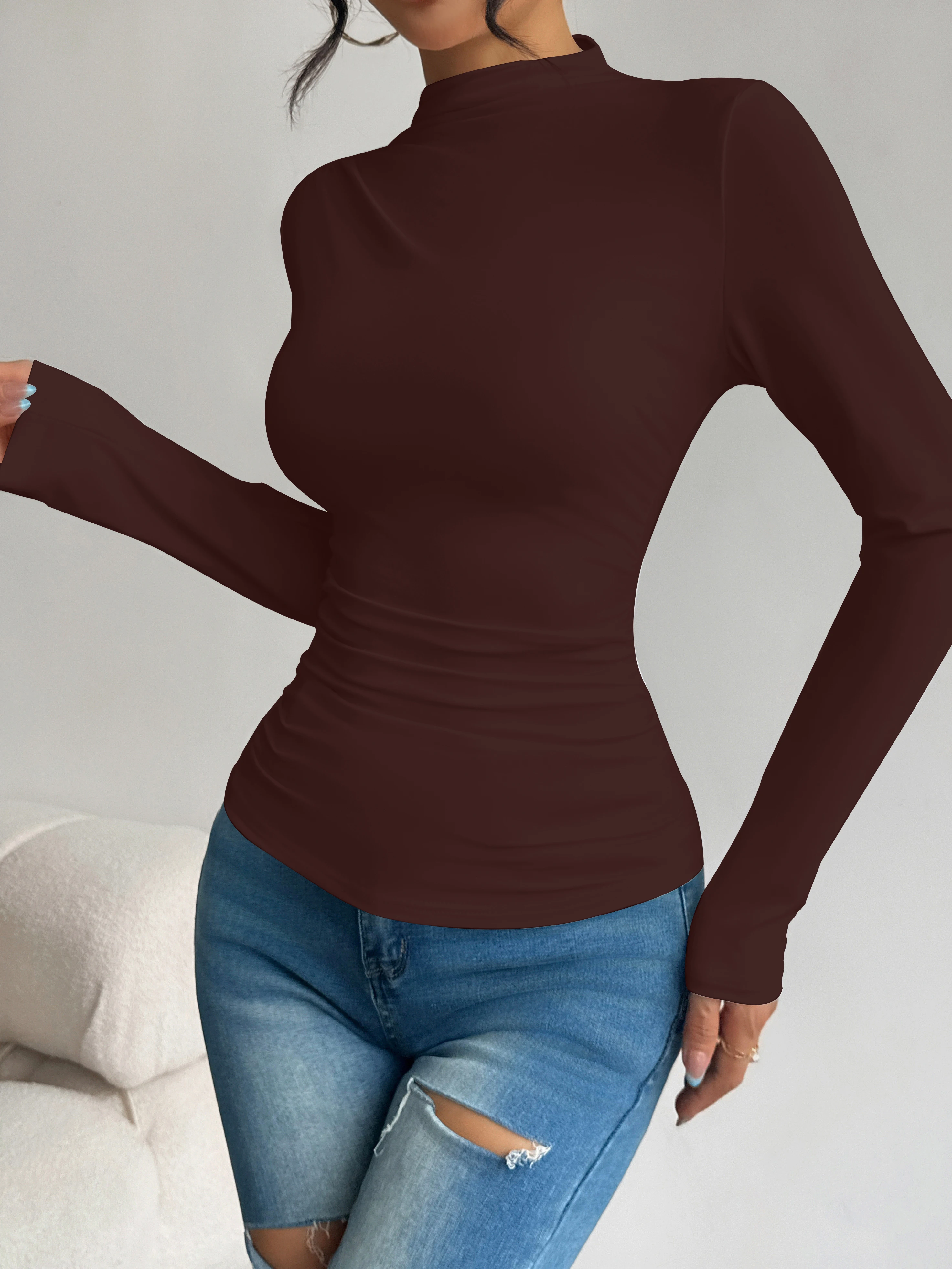 Halbhoher Kragen, plissierte Taille, schlank machendes, langärmliges Basic-Shirt für Damen, vielseitiges Oberteil für Frühling und Herbst. – Detail 5