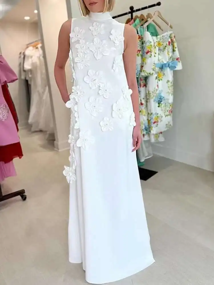 Elegant หญิงชุดราตรี 3D ออกแบบดอกไม้แขนยาวผู้หญิง Slim Dresses ฤดูใบไม้ผลิสีแดง robe ใหม่