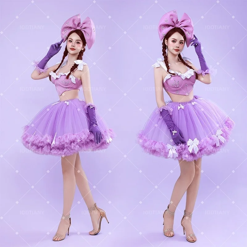 Women Sweet Lolita Costume Set Ruffled Beaded Crop Top Bow Decor Tulle Tutu Skirt Halloween Carnival Rave Party Stage Outfit