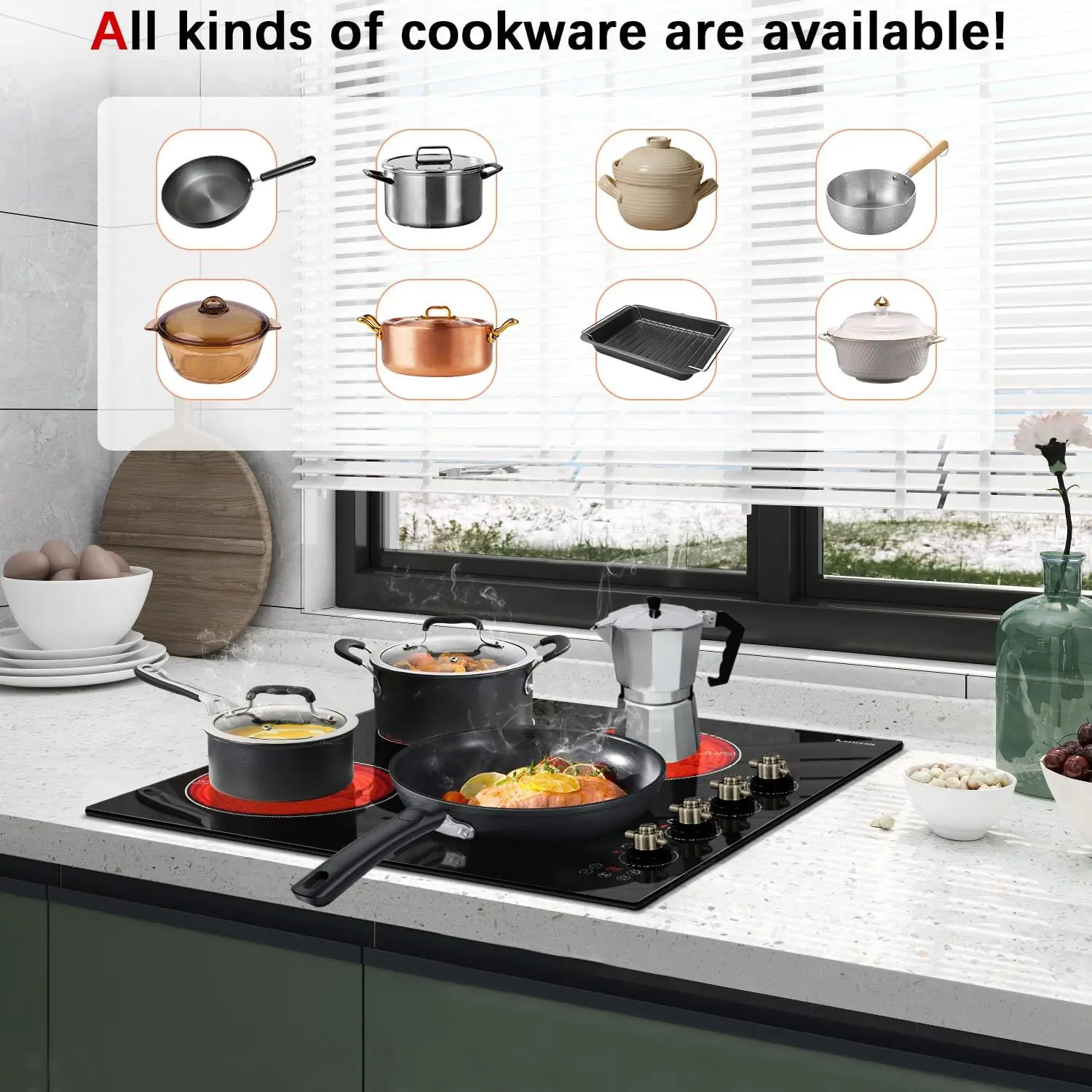 Karinear Placa vitrocerámica eléctrica  60CM, 4 zonas, encastrable con mandos de control, 6000W 220~240V Cableado (Sin Enchufe)