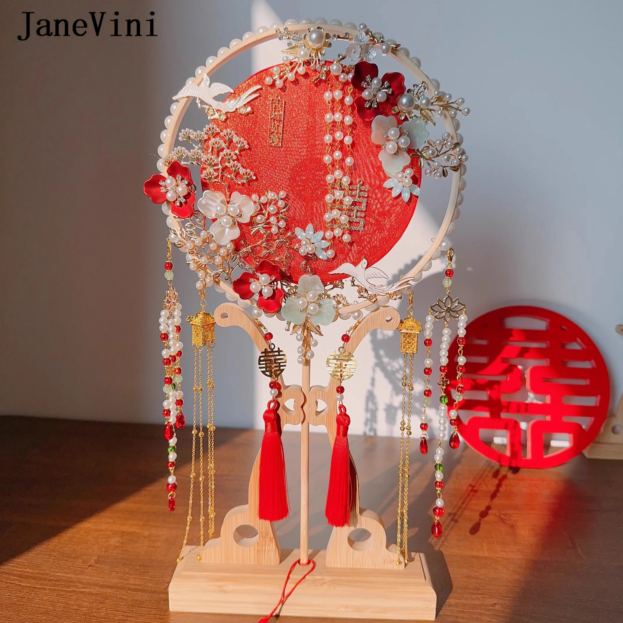 JaneVini Luxurious Handmade Bride Hand Fan Retro Red Wedding Bouquet Beaded Flowers Pearl Chinese Fan Hanfu Photography Ornament