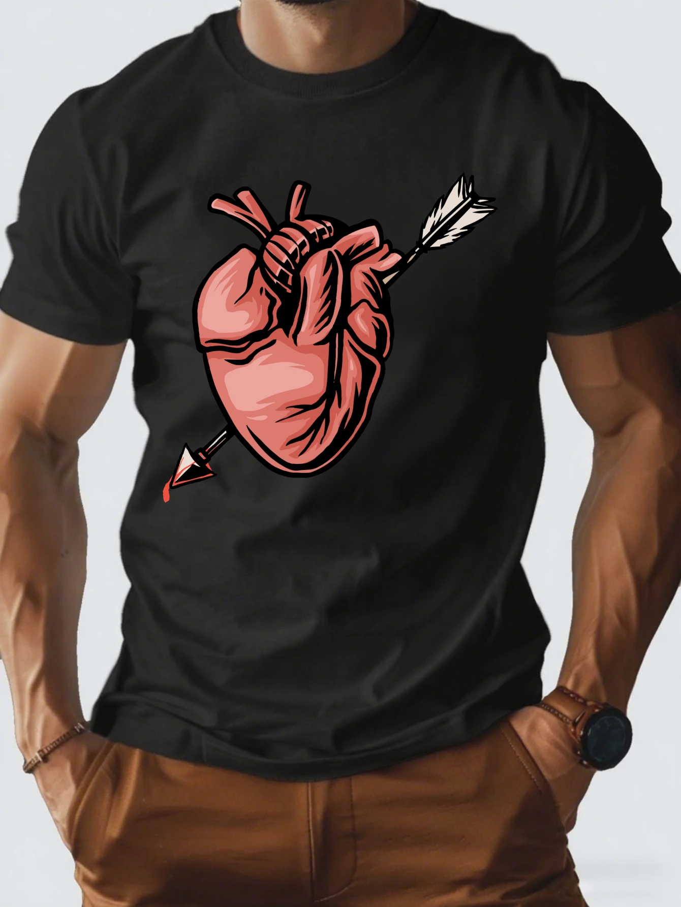 

Vintage Anatomical Heart Graphic T-Shirt for Men, Medical Style Short Sleeve Tee, Casual Heart Print Tops