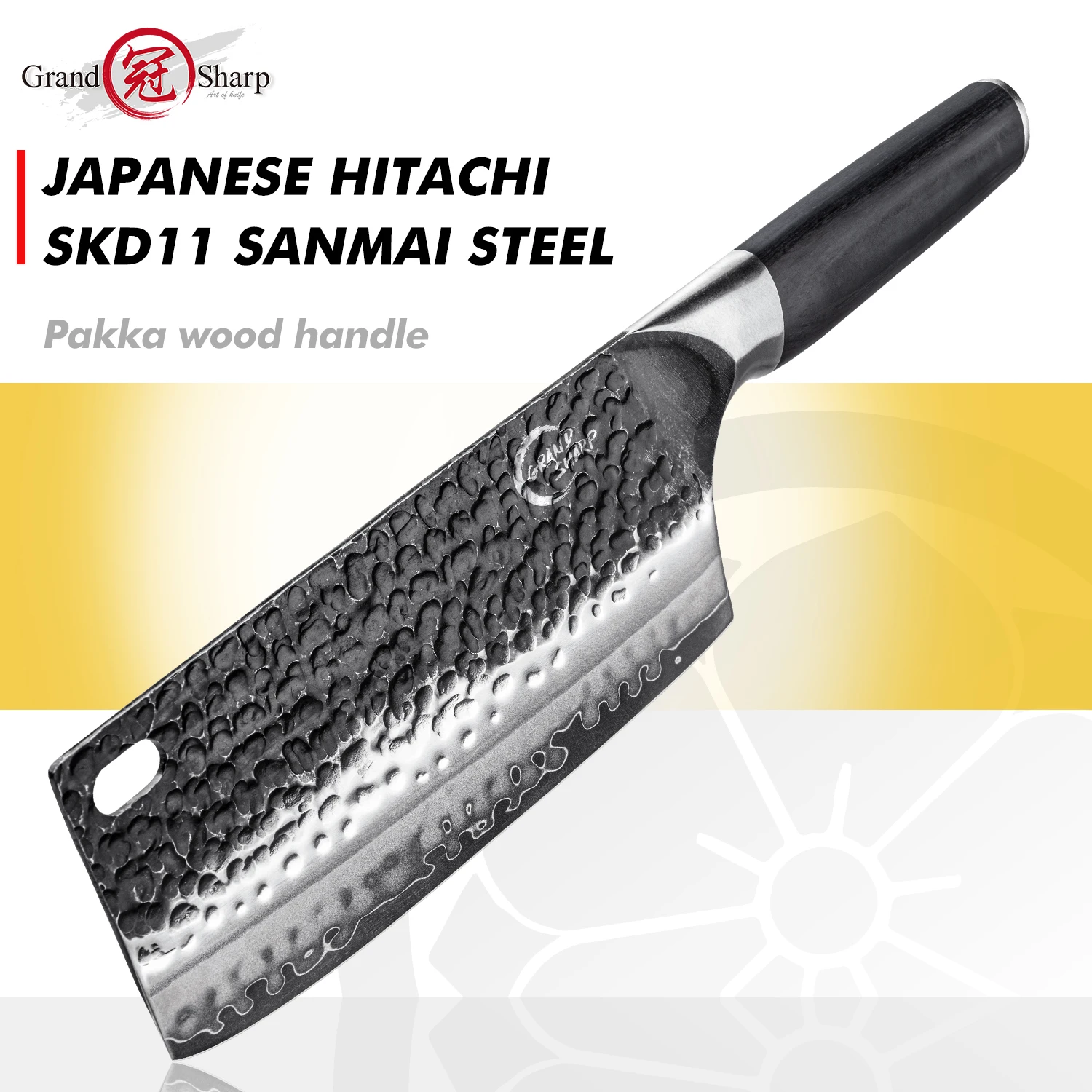 

Grandsharp 7-дюймовый ковающий нож-тесак Japan-Hitachi SLD 3-слойная сталь (SKD11) Черная деревянная ручка Pakka Столовые приборы ручной работы