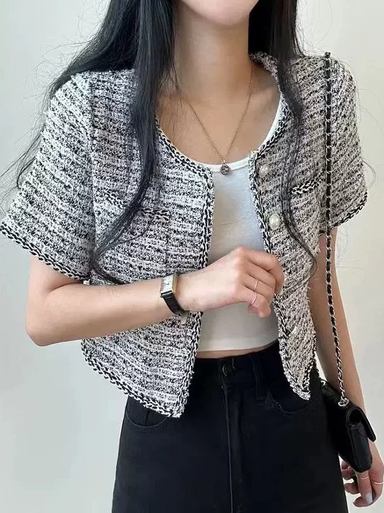 Verano 2025 Cárdigan Corto de Tejido ueso de Manga Corta Anti-UV para Mujer Estilo de Fragancia Pequeña de Colores Mixtos V...