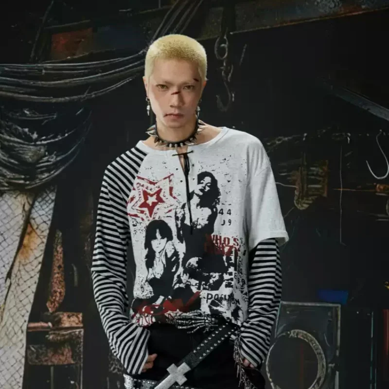 

New Style Punk Splicing Stripe Fake Two Pieces Patchwork Drawstring Fashionable Printing Long Sleeve T-Shirt Unisex Tops