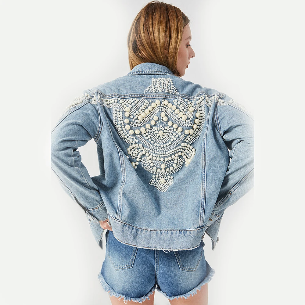 

KHALEE YOSE Embroidery Denim Jacket Beading Pattern Jean Jacket Long Sleeve Vintage Pocket Demin Punk Jackets Women Outerwear