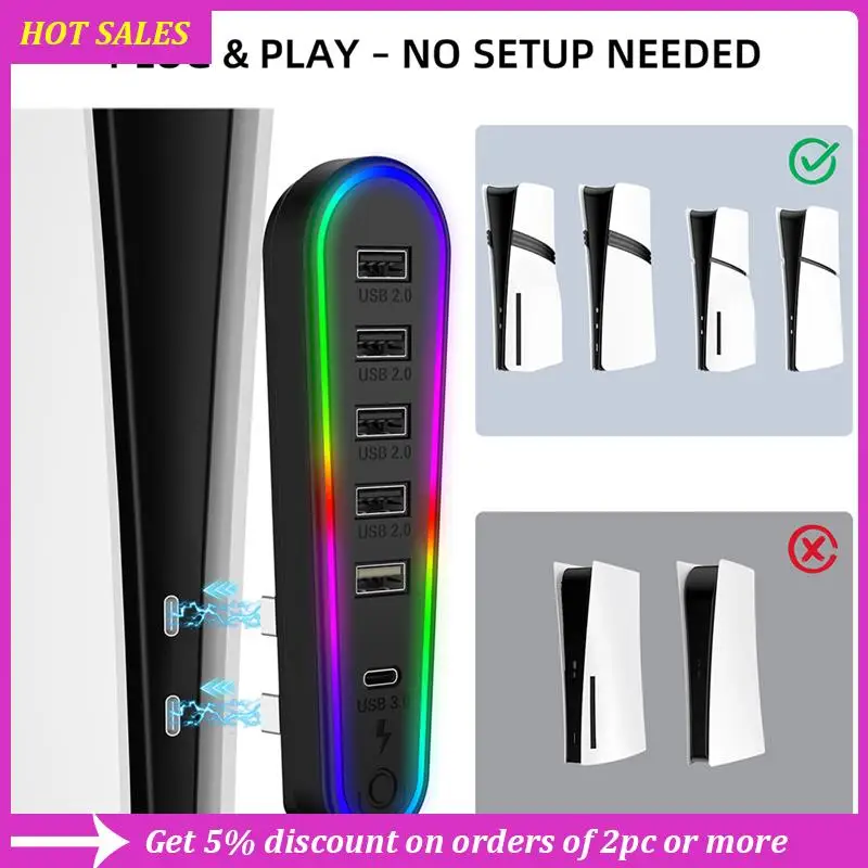6-In-1 USB 2.0 HUB For PS5 PRO/Slim Host USB Expansion Hub Splitter Data Transmission Extender With RGB Light,Requisite