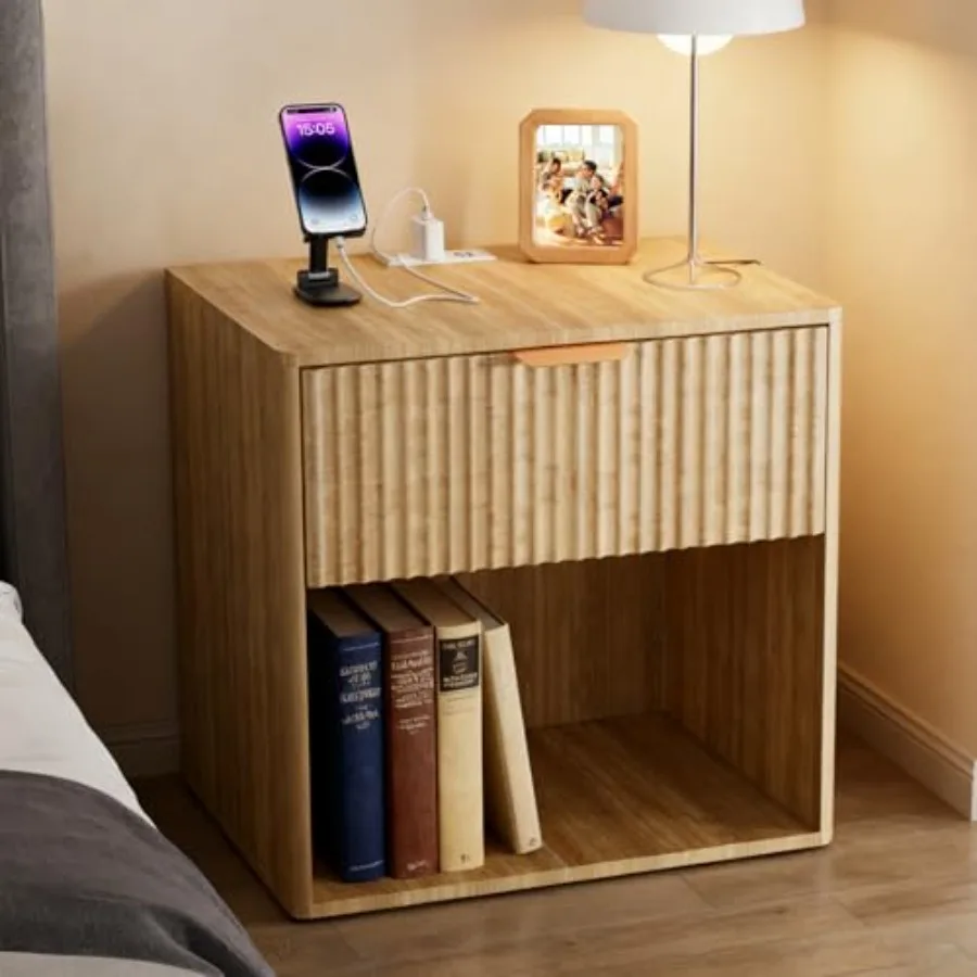 

Прикроватная тумба в стиле середины века с зарядной станцией – тумбочка с ящиком и открытым отделением для хранения, отделка под орех, для спальни E