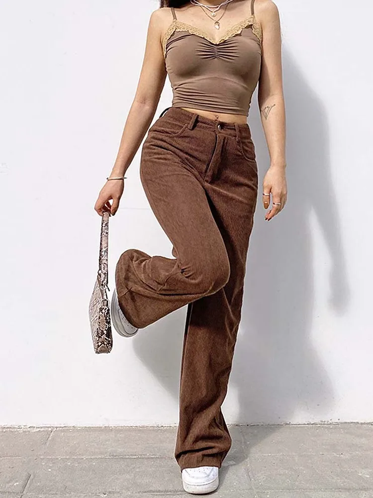 Taille haute jambe large pantalons décontractés femmes couleur jambe droite pantalon rue Sle pantalons longs fibre de Polyester