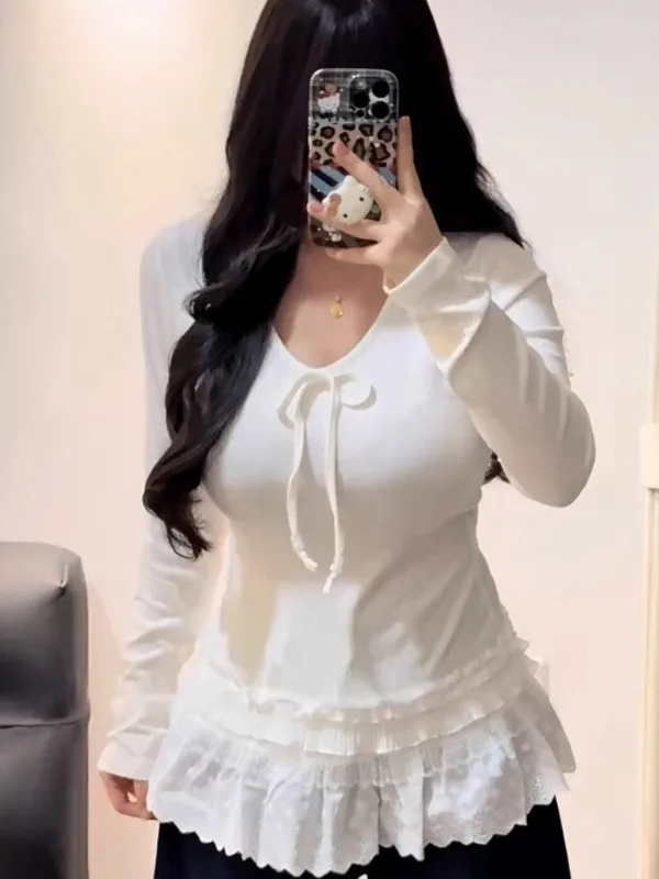 

plus Size Women's White V-Ne Lace Splice Long Sve Knitted T-irt Slimming Layering Inner Wear Top for Autumn Winter