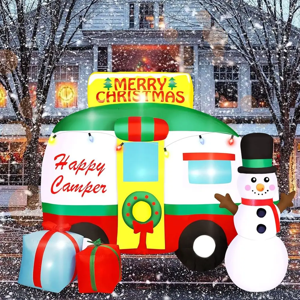 Christmas Inflatable RV with Snowman, Wreath and Gift Boxes, Lighted Outdoor Lawn Decorations