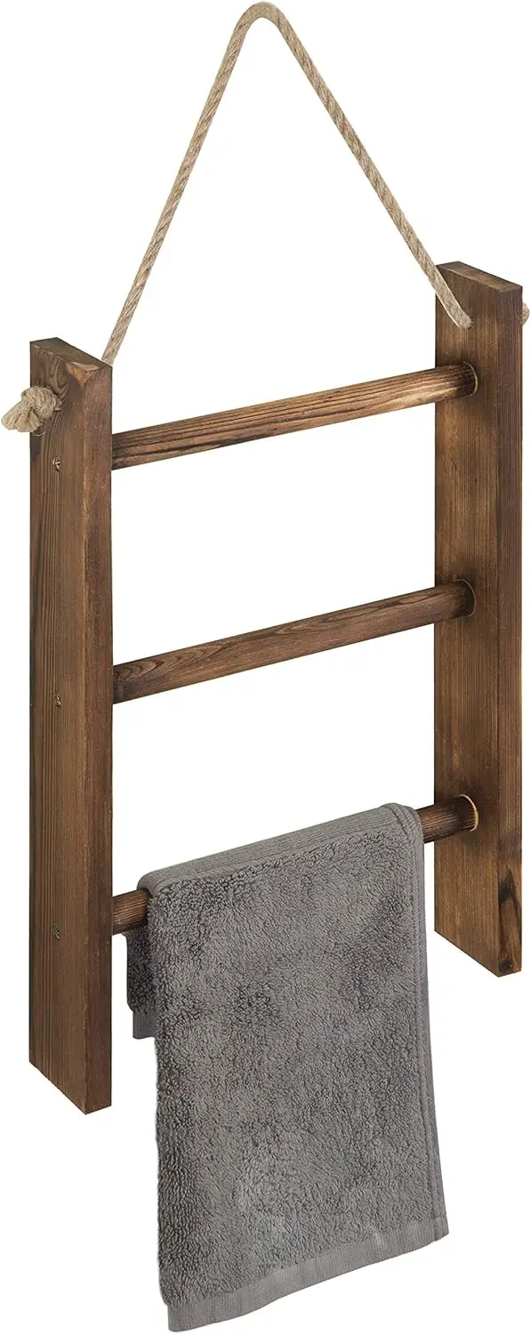 

Rustic Dark Brown Wood Wall Hanging 3 Tier Hand Towel Ladder Rack, Bathroom Towel Storage Rack with Top Rope