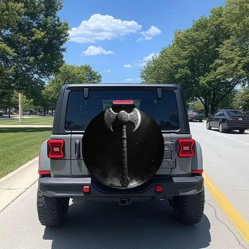 []Viking Style Battle Axe Pattern Polyester Fiber Car Spare Tire Cover, Dark Starry Night Sky Background, Celtic Knotwork Engrav