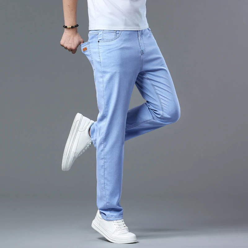 Summer Ultra Thin Elastic Lyocell Jean Men Soft Drape Straight  Pants Korean Style Cool Breathable Business Casual Male Trousers