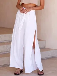 Summer Solid Color Split Tie Wide Leg Pants Women's Fashion Casual Loose Straight Pants Women's