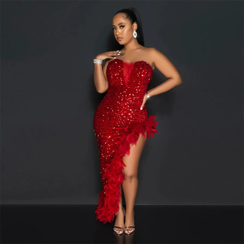 New Skinny Strapless Sexy Irregular Glitter Sequins Party Dress for Women 2023 Evening Night Club Sequin Feather Midi Maxi Dress