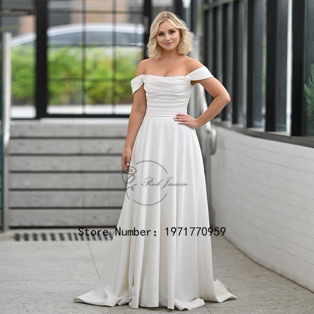 

White Boat Neck Wedding Dress For Women Simple Pleats Elegant Bridal Gown Classic Zipper Back Court Train A Line Vestido De