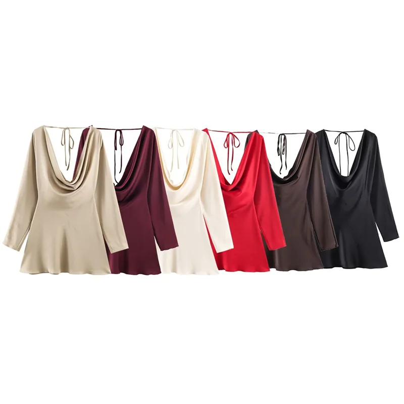 여성 드레스 2025 겨울 신상 단색 긴 소매 섹시한 깊은 V넥 새틴 텍스처 미니 드레스 우아하고 스타일리시한