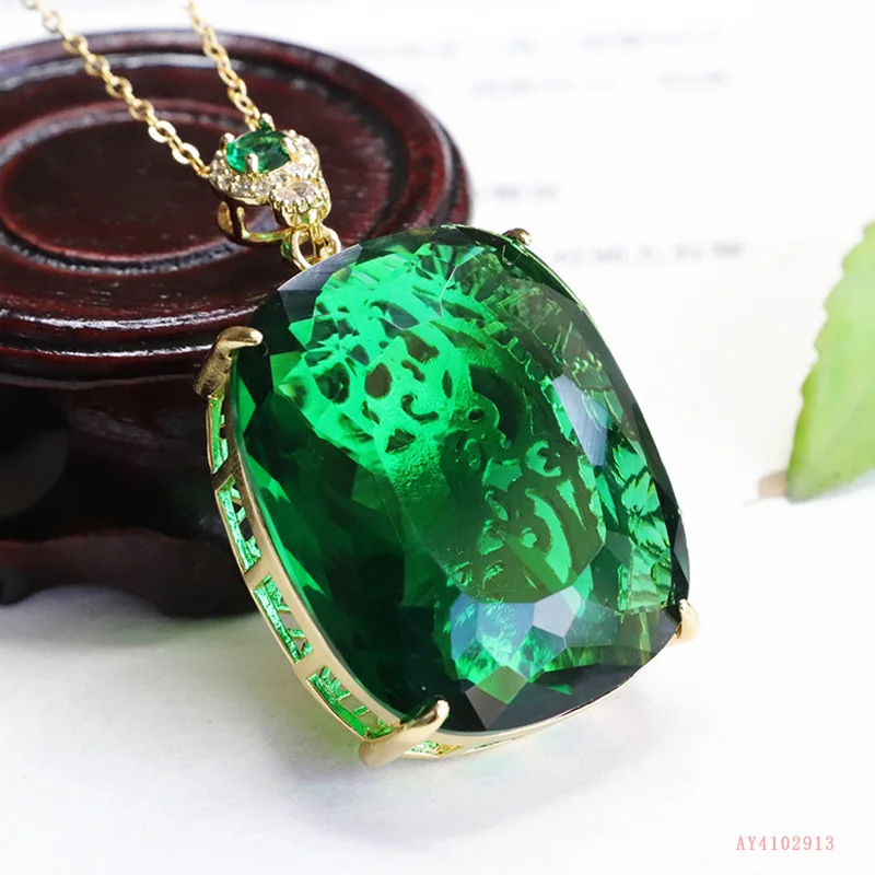 

Medieval Jewelry Green Pendant Simulation Emerald Square Necklace