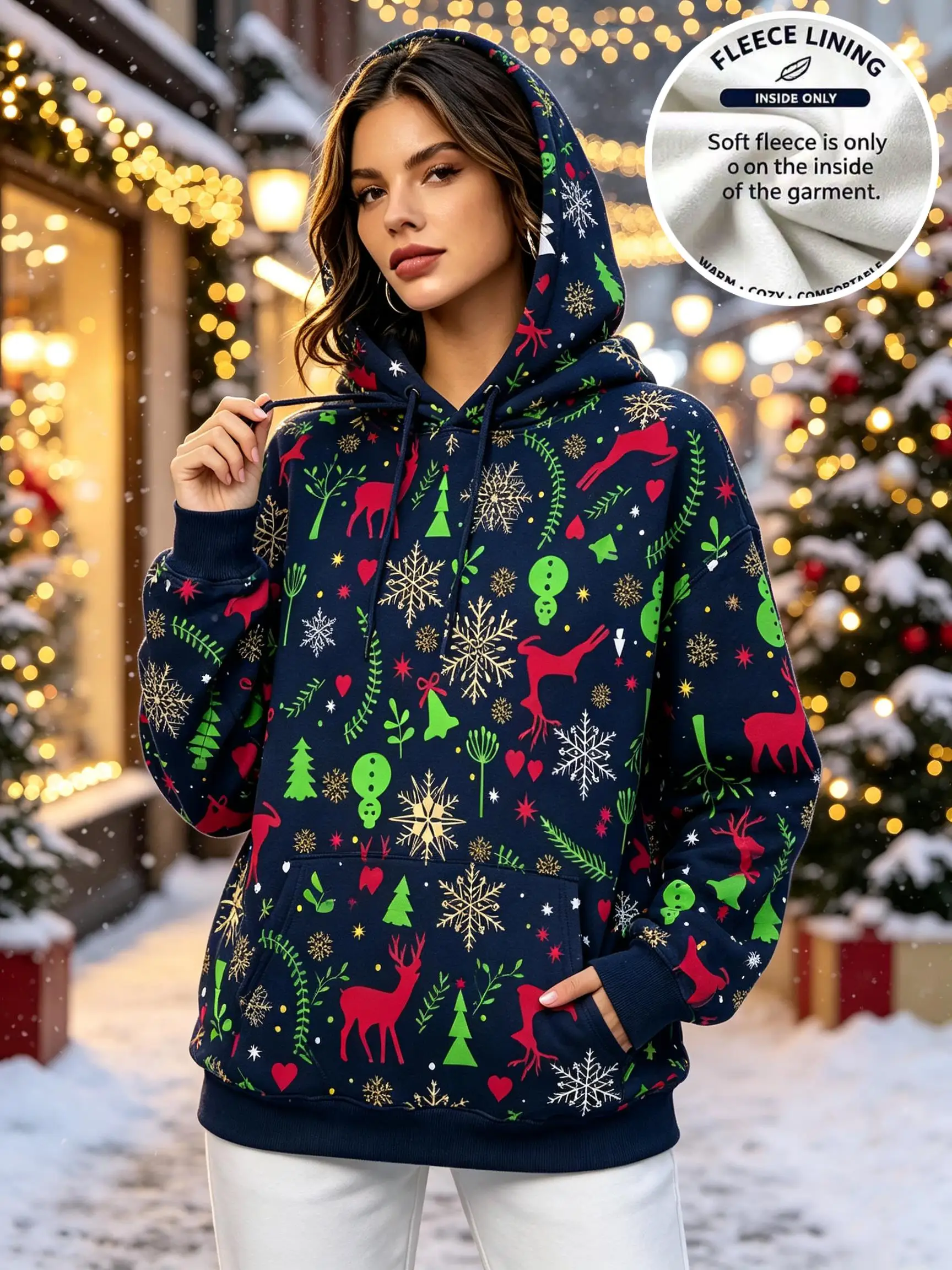 Women Christmas Allover Reindeer Snowflake Xmas Tree Bell Fleece Hoodie Orange Pocket Sweatshirt