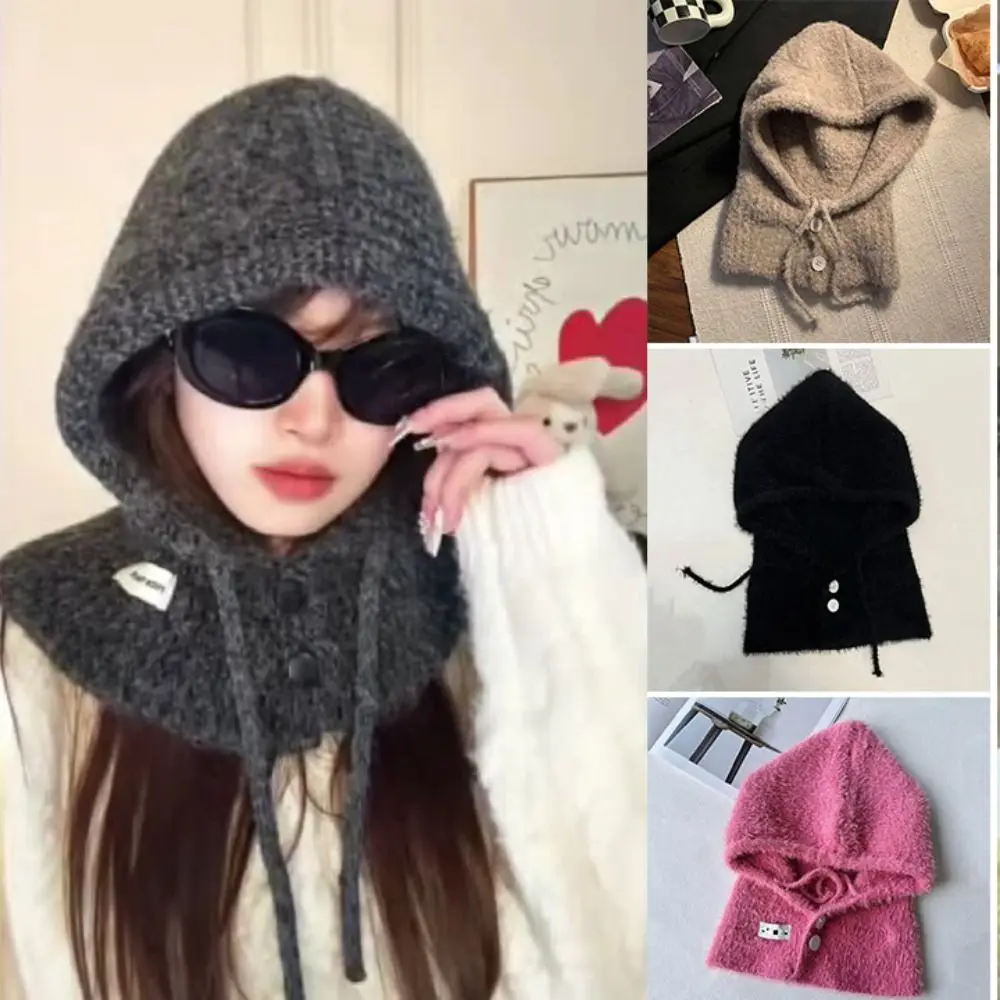 

Solid color Women Balaclava Plush Winter Warmer Knitted Pullover Hat Hat and Scarf Integrated Knitted Beanies Cold Weather