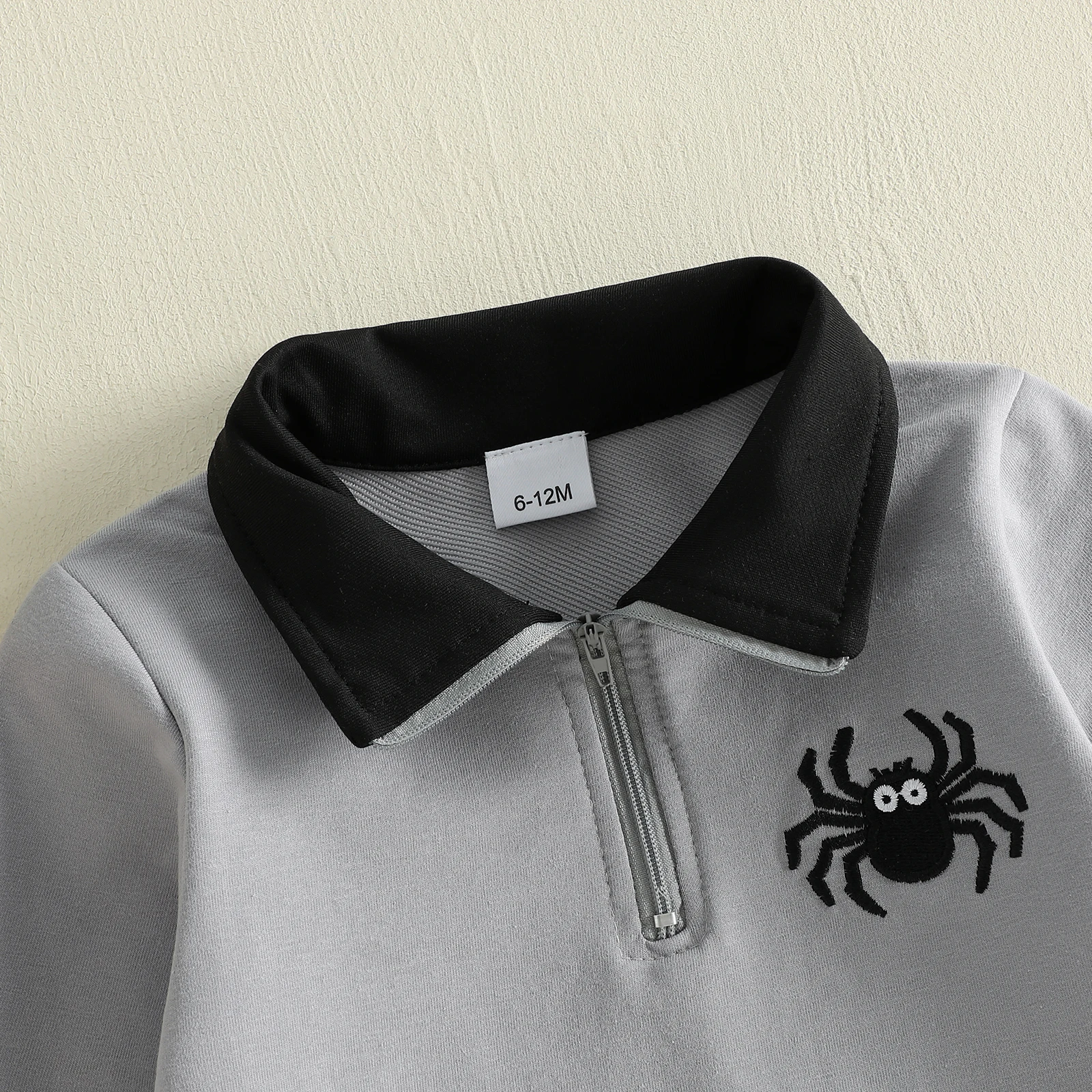 Boys Halloween Quarter Zip Sweatshirt Spooky Spider Embroidery Long Sleeve Pullover