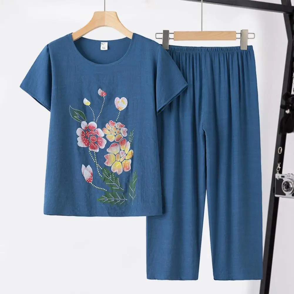 Summer 2 Piece Sets Women Flower Print O-Neck Short Sleeve Shirt Tops and High Waist Pants Suit Casual Tracksuit Female Outfits