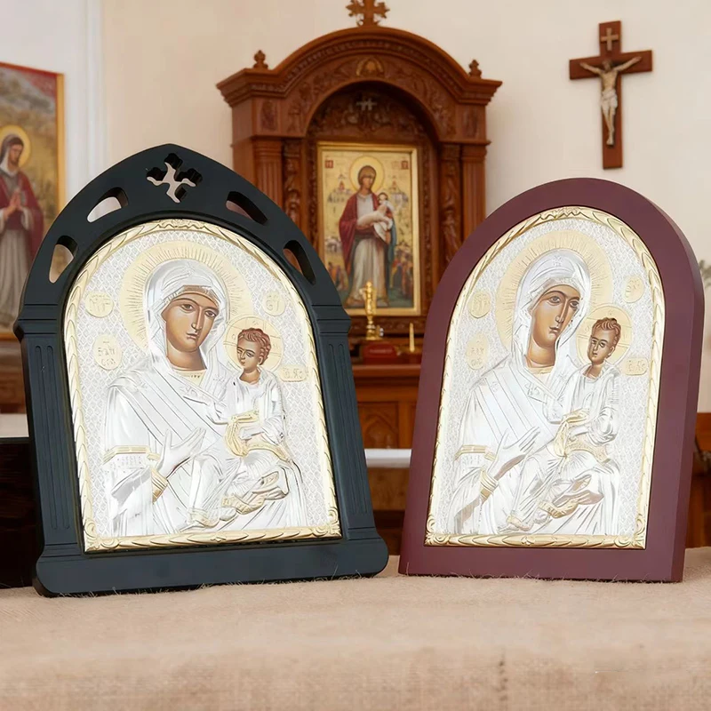New 2026 Eastern Orthodox Family Worship Dedicated Religious Artifacts Gold Inlaid Silver Madonna and Child Holy Statue Ornament