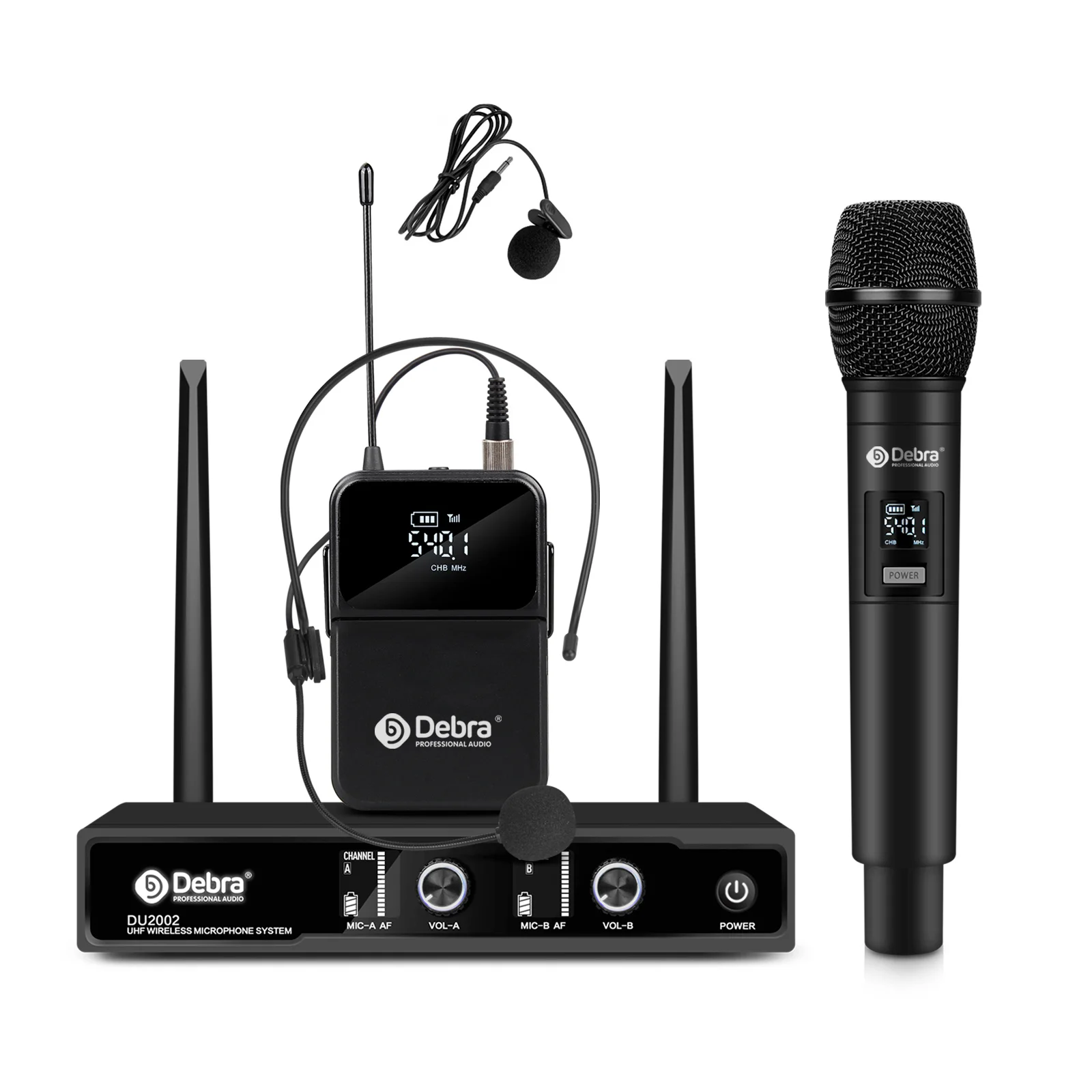 Professioneel UHF draadloos microfoonsysteem 2 kanalen met 60 m bereik, LCD-scherm, handheld/lavalier/headsetmicrofoons voor spraak, mij
