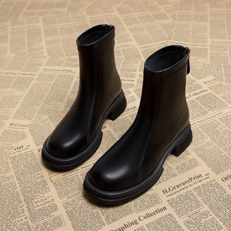 Women Ankle Boots Chunky Mid Heel Round Toe Back Zipper Short Booties Casual Platform PU Leather Fashion Comfort Solid Shoes Hot