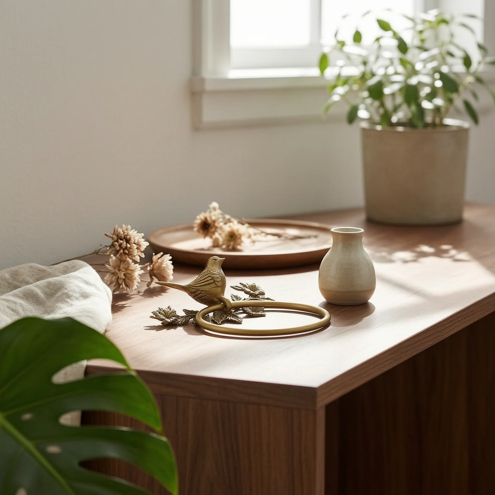 Towel Holder with Bird and Floral Motif Brass-Toned Towel Loop with Floral Design Hardware Decorative Gold for Bathroom