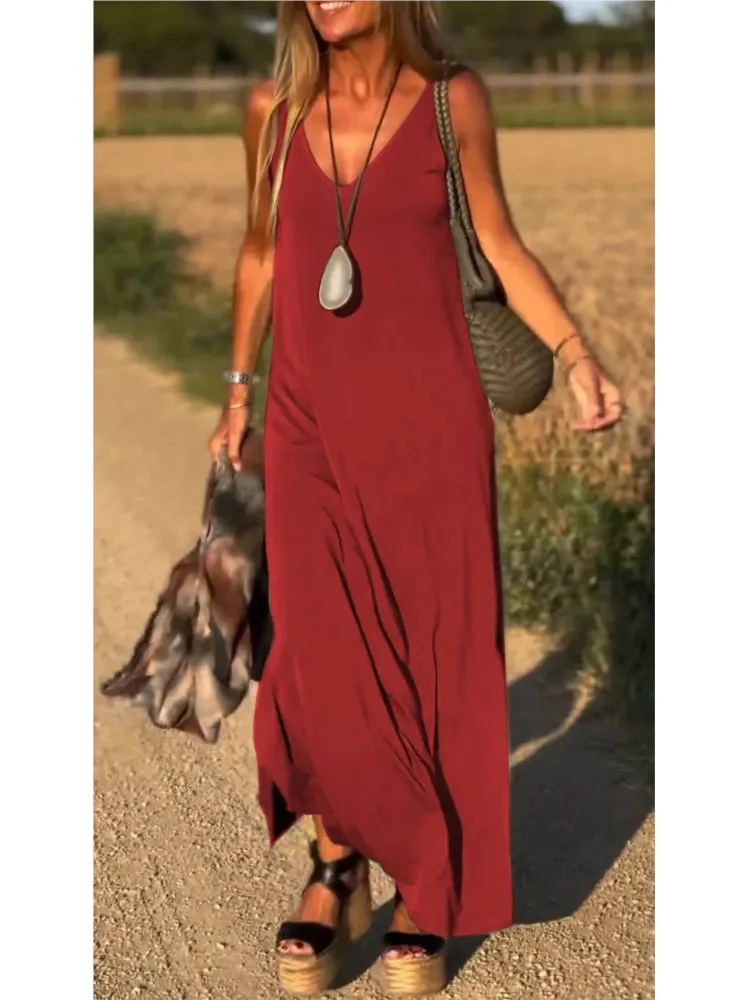 

2025 Summer New Women's Fashion Solid Color Sexy V-neck Sleeveless Strap Casual Loose Long Ankle Dress