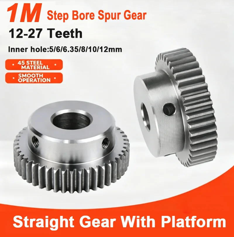 1M 12-27Teeth Pinion Gear 45# Steel Convex Step Bore Gear Inner Bore 5-12mm Machinery RC Robot Mini Motor Gearbox Assembly Parts