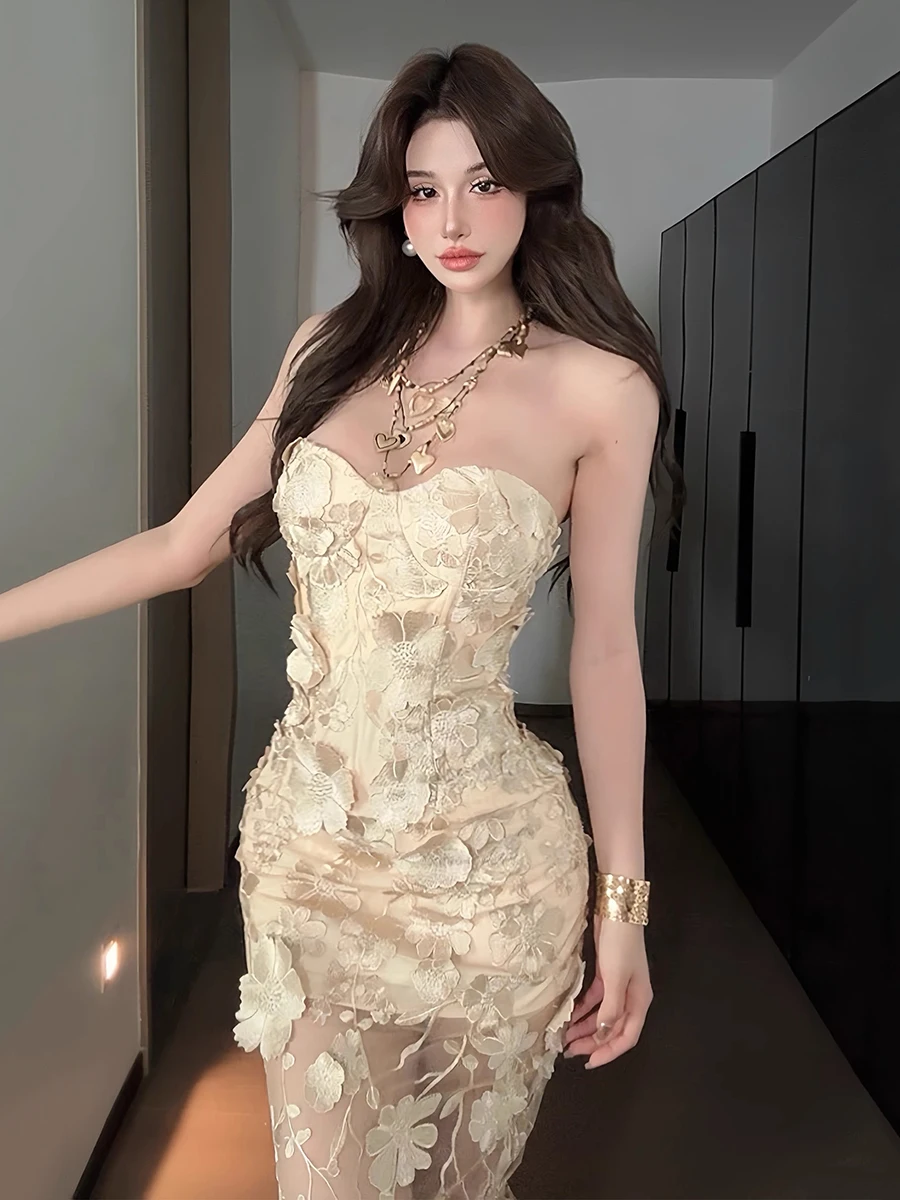 ReddaChic Women Flower Embroidery Formal Party Gown Slim Strapless Spliced Lace Corset Long Evening Dress Luxury Prom Clothes