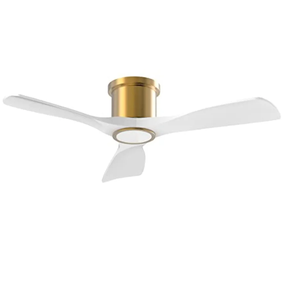 Ventilador de teto inteligente de 52 polegadas com luz integrada e controle remoto para uso interno Modo de montagem embutida de baixo perfil em ouro branco de 3 lâminas
