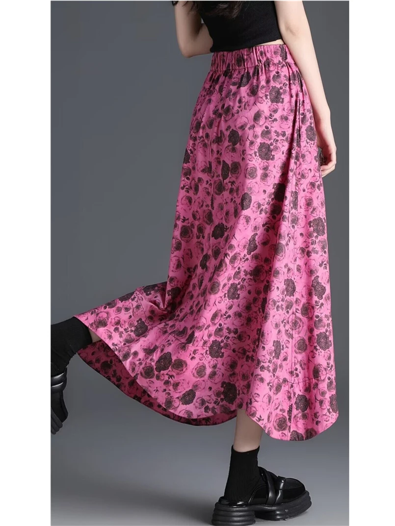 Damska spódnica vintage z wysokim stanem, bawełniana, z nadrukiem róż, elegancka spódnica w kształcie litery A, letnia spódnica z falowanym dołem, długa spódnica w dużych rozmiarach, Vestidos M-7XL