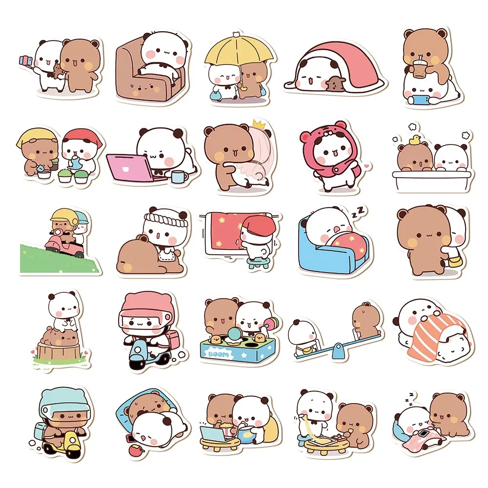 50sheets/set Bear Cute Bear and Panda Stickers Waterproof PVC Cartoon Bear and Panda Stickers Cartoon Panda Bubu Dudu Stickers