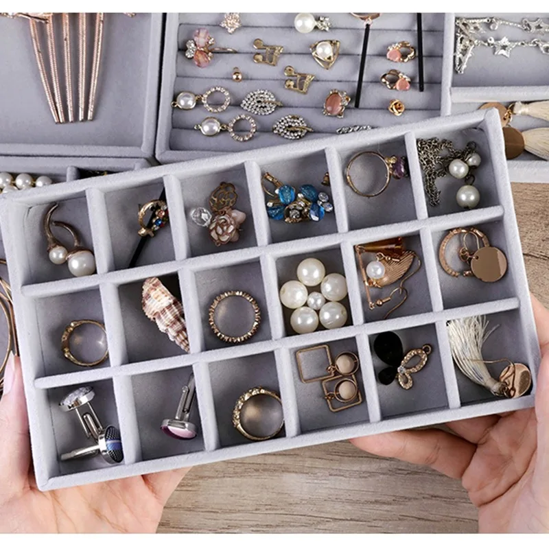 Hard Velvet Stackable Multiple Shapes Tray Case Jewelry Display Storage Box Portable Ring Earrings Holder Necklace Organizer Box