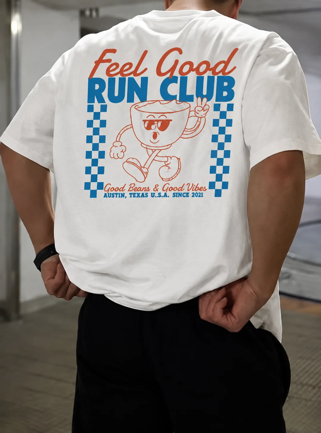 Feel Good Run Club Retro Coffee Mascot Graphic T-Shirt,Casual Short Sleeve Top, Trendy Summer Daily Wear Tee for Women Men