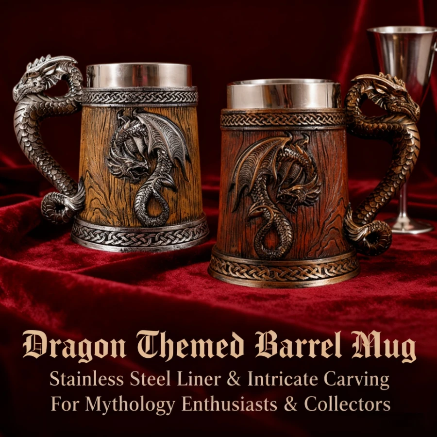 Dragon head relief wood-look metal mug/beer mug/stainless steel large capacity water cup ornament