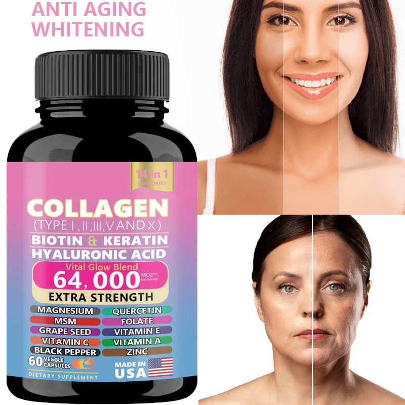 Cápsulas de colágeno, producto para el cuidado de la piel, biotina, queratina, potenciador, antienvejecimiento, blanqueamiento, suplemento para el cuidado de las uñas y el cabello, 60-180 pastillas