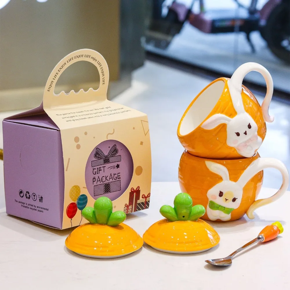 كوب سيراميك على شكل أرنب لطيف كوب سيراميك عالي القيمة مع غطاء كوب ماء للإفطار كوب منزلي كرتوني أدوات للشرب هدايا عيد الميلاد