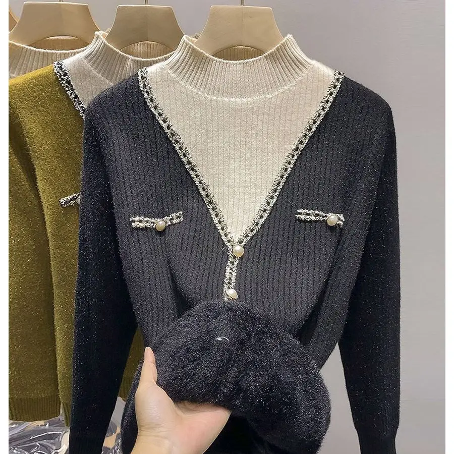 Autumn and Winter New Fashion Plush Thickened Half High Collar Fake Two Piece Sweaters Women's Knitted Underlay