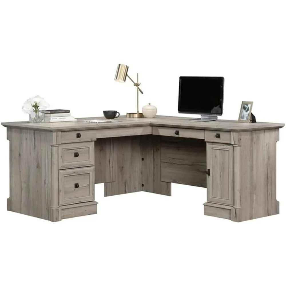 L-Shaped Contemporary Engineered Wood Computer Desk in Split Oak for Executive and Home Office, L Shaped Office Desk