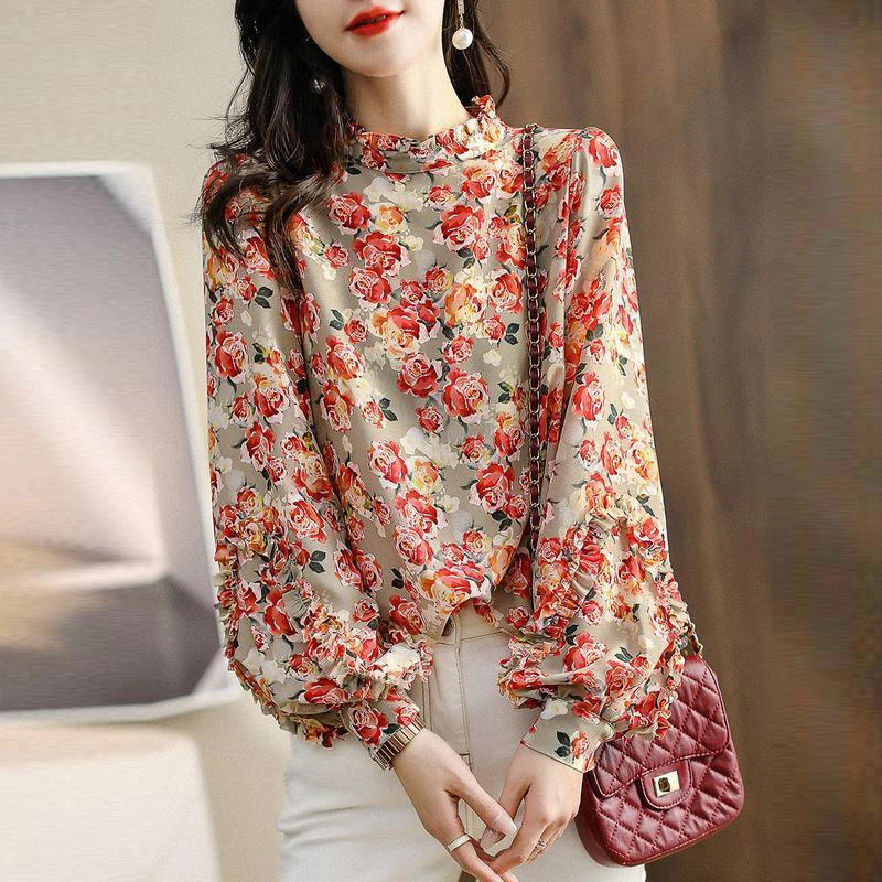 French collar printed chiffon lantern long sleeved shirt for women in the spring and autumn of 2025, new style edge pleated top