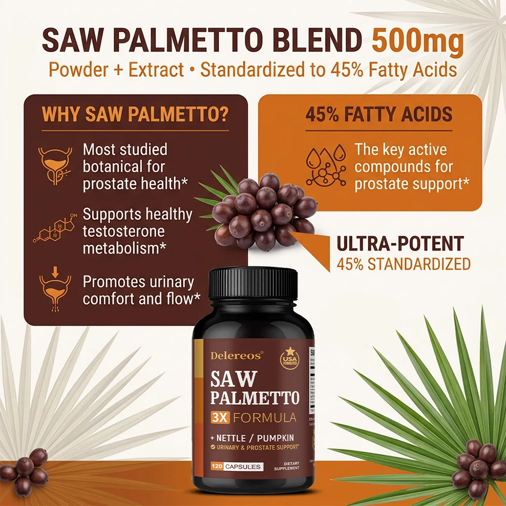Saw Palmetto Capsules with Stinging Nettle, Promote Prostate Health,Reduce Baldness and Thinning Hair, Men’s Daily Wellness
